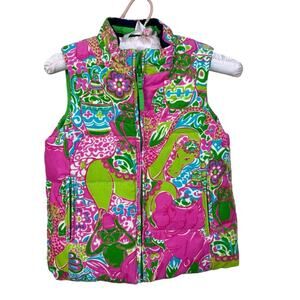 LILLY PULITZER Kids Winter Reversible Pink Print Green Vest Puffer Girls Sz 8